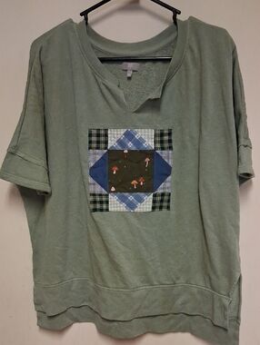 Womens Sage Green Patchwork Short Sleeve Top